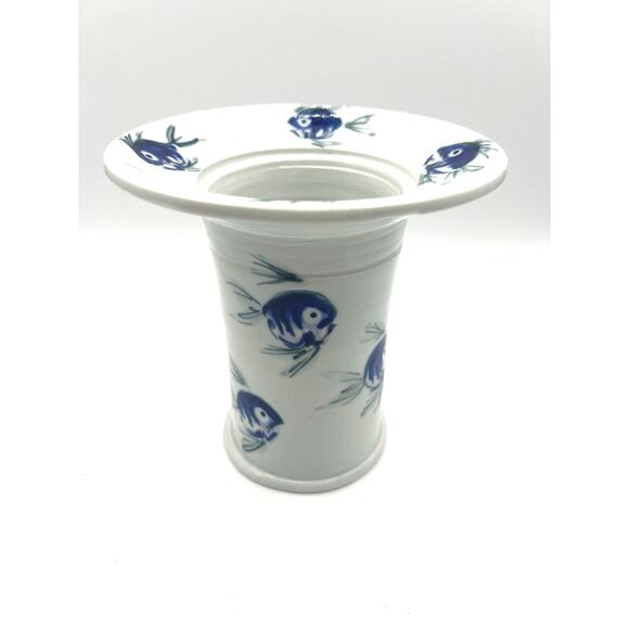 Vintage Handmade Ceramic Pottery Vase Blue Asian Style Fish Unique Style - Picture 1 of 4